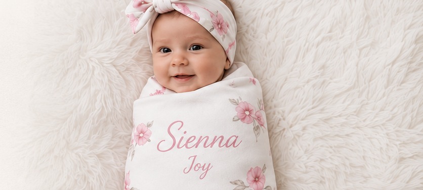 Smiling baby in a pink floral headband wrapped in a personalised blanket